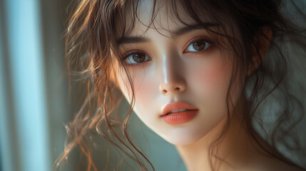 Naklejka premium 美女, 女性, 美しい, 顔, モデル, 日本, 韓国, 中国, アジア, カフェ, ファッション