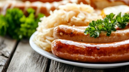 Sausages with Mustard and Sauerkraut on Plate