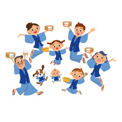 Naklejka premium 温泉に行って浴衣を着てジャンプする三世代家族