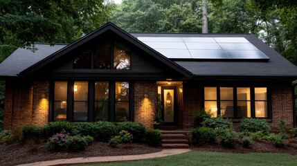 Modern Brick Home with Solar Panels and Warm Evening Lighting