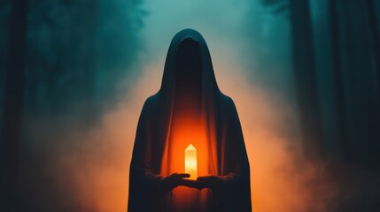 Mysterious Witch in Dark Forest Holding Candle