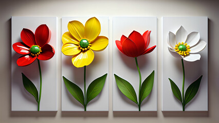 Three-dimensional paintings with decorative flowers in the style of minimalism: yellow and red flowers with detailed petals on a white background, which emphasizes the brightness and lightness 