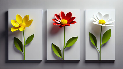 Three-dimensional paintings with decorative flowers in the style of minimalism: yellow and red flowers with detailed petals on a white background, which emphasizes the brightness and lightness 