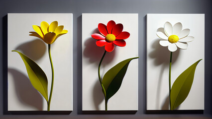 Three-dimensional paintings with decorative flowers in the style of minimalism: yellow and red flowers with detailed petals on a white background, which emphasizes the brightness and lightness 