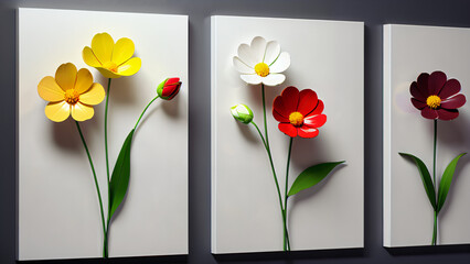 Three-dimensional paintings with decorative flowers in the style of minimalism: yellow and red flowers with detailed petals on a white background, which emphasizes the brightness and lightness 