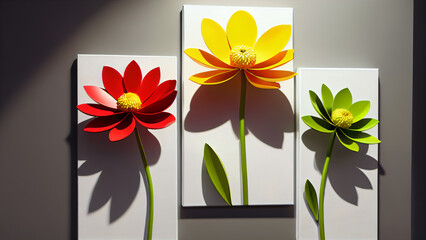 Three-dimensional paintings with decorative flowers in the style of minimalism: yellow and red flowers with detailed petals on a white background, which emphasizes the brightness and lightness 