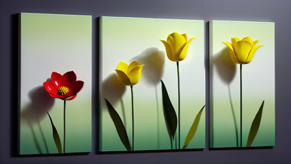 Three-dimensional paintings with decorative flowers in the style of minimalism: yellow and red flowers with detailed petals on a white background, which emphasizes the brightness and lightness 