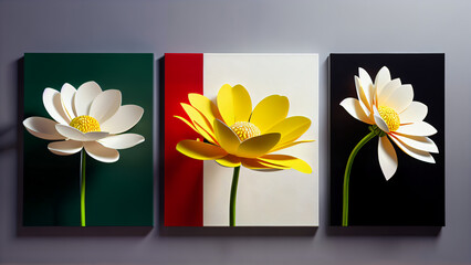 Three-dimensional paintings with decorative flowers in the style of minimalism: yellow and red flowers with detailed petals on a white background, which emphasizes the brightness and lightness 
