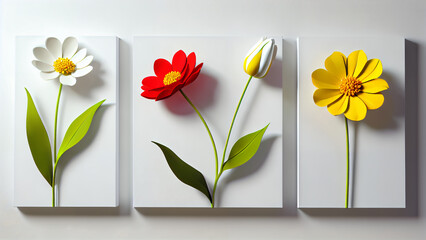 Three-dimensional paintings with decorative flowers in the style of minimalism: yellow and red flowers with detailed petals on a white background, which emphasizes the brightness and lightness 