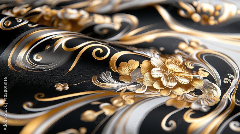 Poster black and metallic gold ink swirling together in an abstract pattern, creating a luxurious and sophi