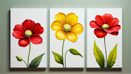 Three-dimensional paintings with decorative flowers in the style of minimalism: yellow and red flowers with detailed petals on a white background, which emphasizes the brightness and lightness 