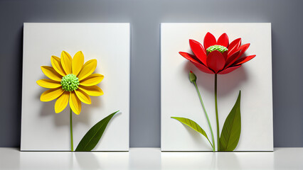 Three-dimensional paintings with decorative flowers in the style of minimalism: yellow and red flowers with detailed petals on a white background, which emphasizes the brightness and lightness 
