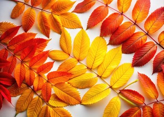 Fototapeta premium Close-Up of Autumn Ash Leaves in Vibrant Colors Against a White Background, Capturing the Beauty of Fall Foliage, Nature's Palette, and Seasonal Change in a Candid Style