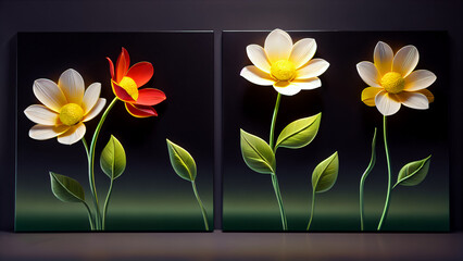 Three-dimensional paintings with decorative flowers in the style of minimalism: yellow and red flowers with detailed petals on a white background, which emphasizes the brightness and lightness 