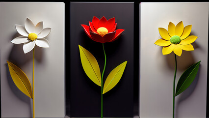 Three-dimensional paintings with decorative flowers in the style of minimalism: yellow and red flowers with detailed petals on a white background, which emphasizes the brightness and lightness 