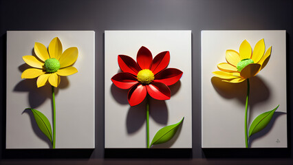 Three-dimensional paintings with decorative flowers in the style of minimalism: yellow and red flowers with detailed petals on a white background, which emphasizes the brightness and lightness 