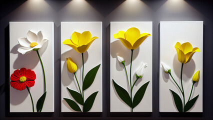 Three-dimensional paintings with decorative flowers in the style of minimalism: yellow and red flowers with detailed petals on a white background, which emphasizes the brightness and lightness 