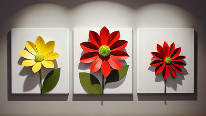 Three-dimensional paintings with decorative flowers in the style of minimalism: yellow and red flowers with detailed petals on a white background, which emphasizes the brightness and lightness 