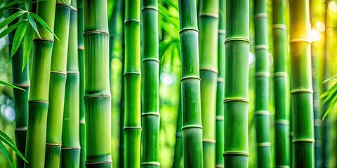 Fototapeta premium Closeup of Fresh Bamboo Stalks with Lush Green Leaves, Showcasing Natural Beauty, Texture, and Vibrant Colors in a Long Exposure Photography Style
