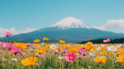 Obraz premium Panoramic View of Mount Fuji Surrounded by Wildflowers