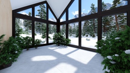 Modern Chalet Interior with Large Windows and Snowy Mountain View