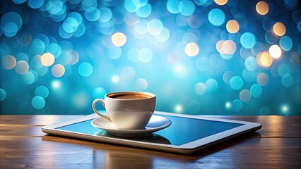 Obraz premium Coffee Cup on Tablet with Blue Background - Relaxing Workspace Scene, Perfect for Digital Nomads and Coffee Lovers, Aesthetic and Minimalist Design for Social Media and Blogs