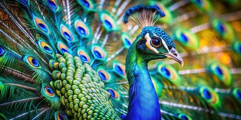 Obraz premium Magnificent Peacock Displaying Vibrant Tail Feathers in Full Bloom - Macro Photography of Nature's Beauty and Colorful Wildlife in Stunning Detail