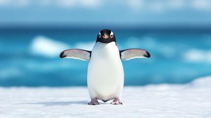 Obraz premium Joyful Penguin Flapping Wings by the Sea