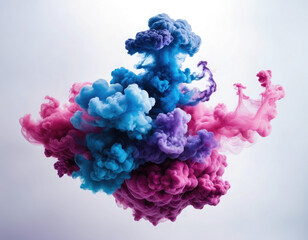Obraz premium Acrylic color pigment and ink cloud in water. Abstract smoke on white background with copy space. Fancy dream cloud of ink underwater. Purple, blue and pink colors