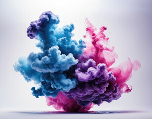 Obraz premium Acrylic color pigment and ink cloud in water. Abstract smoke on white background with copy space. Fancy dream cloud of ink underwater. Purple, blue and pink colors