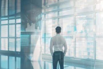 Fototapeta premium An analyst stands in front of large digital screens filled with complex graphs and data visualizations, absorbed in making sense of intricate financial information.