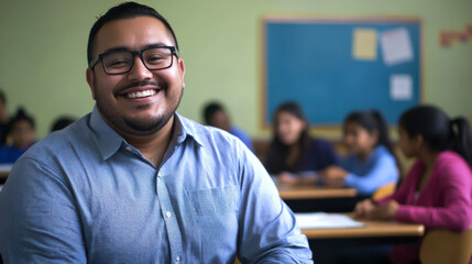 Fototapeta premium A smiling teacher engages with students in a classroom during a learning activity in the afternoon at a local school