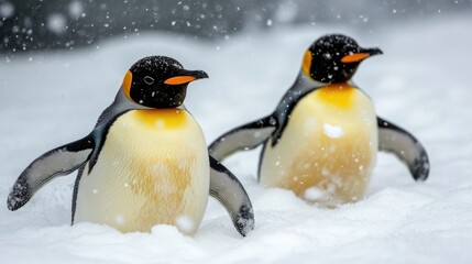 Obraz premium Penguins Sliding on Ice in a Snowy Landscape