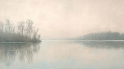 Fototapeta premium A gentle fog rolling over a quiet lake, with muted tones of soft gray, pale blue, and light beige creating a serene and peaceful atmosphere