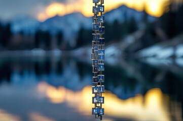 Obraz premium Blockchain chain link hanging over lake at dusk with mountain reflection