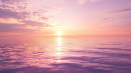 Fototapeta premium A gentle sunrise over a calm ocean, with soft pink, lavender, and light gold hues reflecting off the water and blending into the sky