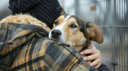 Searching for adoption banner. African-American person taking pet to forever home adopt. Dog at the shelter. Animal shelter volunteer feeding the dogs. Dogs in cage with cheerful woman volunteer. 