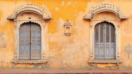 Vibrant Yellow Wall with Blue Doors in Historic Architecture