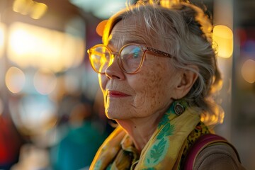 Obraz premium This captures an elderly woman with glasses lost in thought, bathed in a warm, golden sunset light, evoking introspection and serenity in a bustling environment.