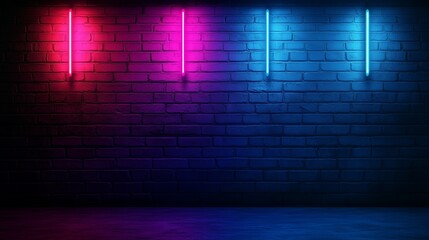A high-resolution image showcasing neon lights against a vintage brick wall. The dark blue abstract background provides a stylish and modern backdrop with ample empty space. Different color design