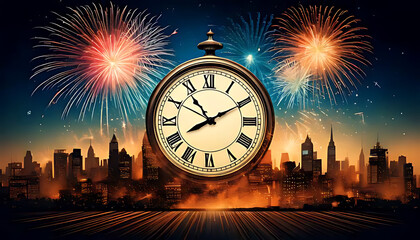 fireworks explode behind clock striking midnight abstract darkened cityscape