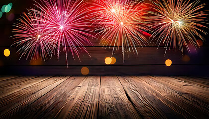 fireworks light rustic wooden scene colorful sparks bokeh lights