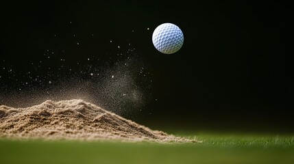 Accurate bunker shot with flying sand, ball mid-air, sharp focus on details