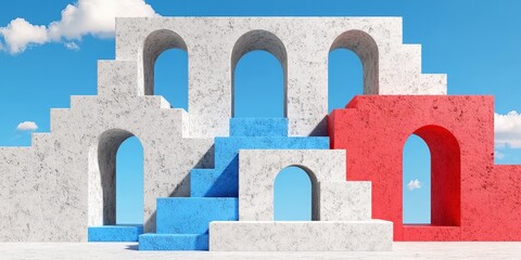 Abstract Minimalist Architecture with Arches  Steps  and Sky