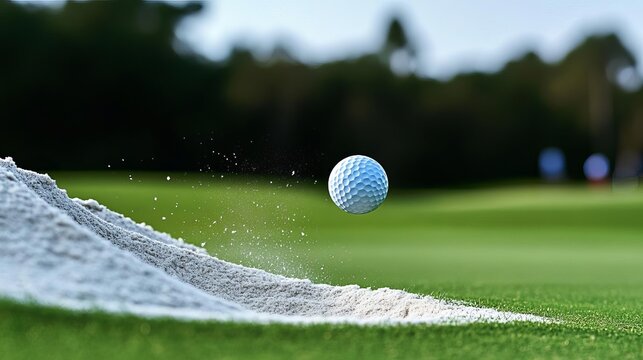 Accurate bunker shot with flying sand, ball mid-air, sharp focus on details