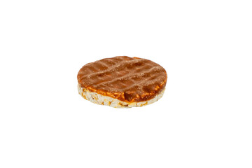 One rice waffle with chocolate chips on top. The wafer is round, with a brown center. It sits on a transparent PNG background.
