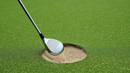 Accurate golf shot over a sand bunker, focus on the club s contact with the ball