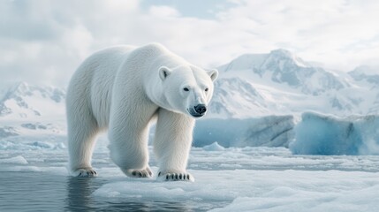 Fototapeta premium Polar Bear Walking on Iceberg in Blue Landscape