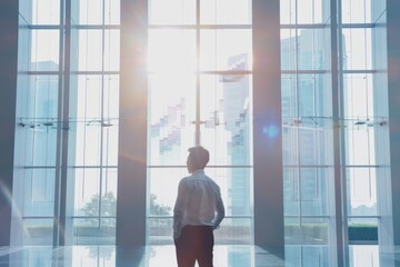 A businessman stands inside a skyscraper, gazing through the sunlight-laden windows, evoking themes of ambition and contemplation in a dynamic space.