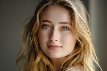 Naklejka premium A close-up portrait of a young woman with long blonde hair and striking freckles, looking directly at the camera with a soft, subtle smile and bright blue eyes.